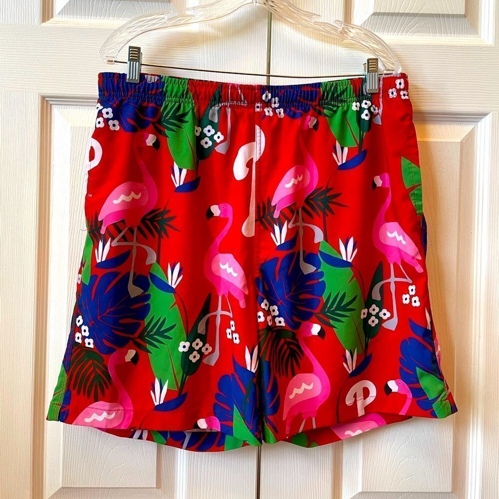 Genuine MLB Merchandise Red Flamingo Print Phillies Logo Men’s Swim Trunk XL